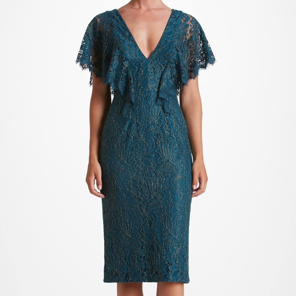 Dress The Population Lidia V Neck Gold Teal Lace Cocktail Dress M